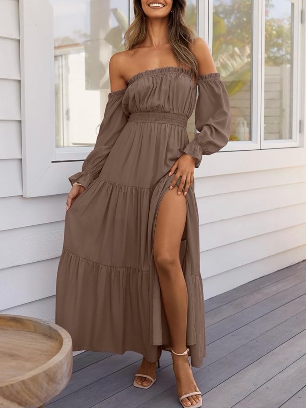 One-Shoulder Taupe Maxi Dress with Side Slit Small